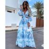Elegant Women's Hollow Floor V-neck Long-sleeved Plant Dress Long Dresses Spring Summer Print V-neck Long Sleeve Dress – Image 2