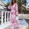 Elegant Women's Hollow Floor V-neck Long-sleeved Plant Dress Long Dresses Spring Summer Print V-neck Long Sleeve Dress – Image 3