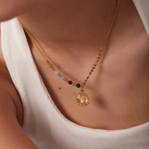 New Stainless Steel 18K Gold Half Color Bead Chain Half Figaro Chain Natural Opal Stone Sun Pendant Necklace