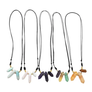 Natural Amazonite Moonstone Amethyst Pencil Shape Point 3 Stones Pendant Necklace Adjustable Rope Leather Chain for Men Women