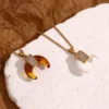 Vintage Stainless Steel 18k Gold Plated Waterproof Resin Amber Horn Zircon Pendant Side Chain Necklace YF3914 – Image 2
