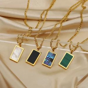 Wholesale 18K Gold Plated Stainless Steel Rectangle Abalone Malachite Onyx Turquoise Shell Pendant Necklace YF2279