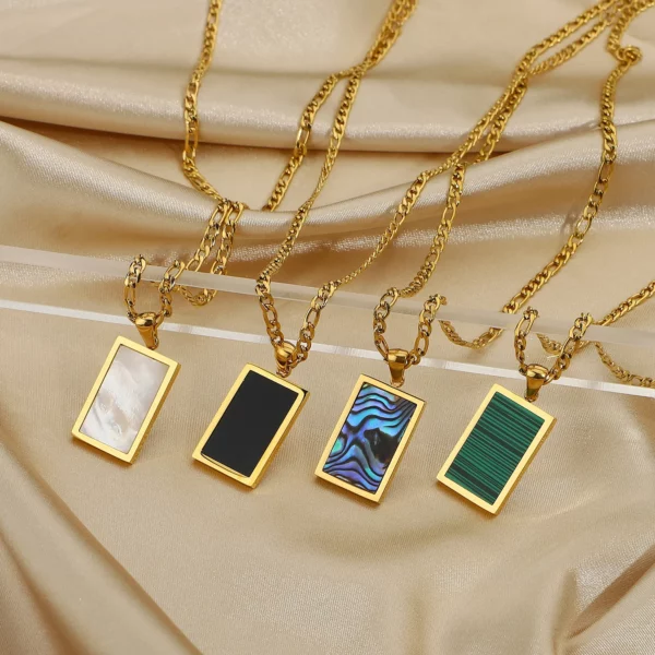 Wholesale 18K Gold Plated Stainless Steel Rectangle Abalone Malachite Onyx Turquoise Shell Pendant Necklace YF2279