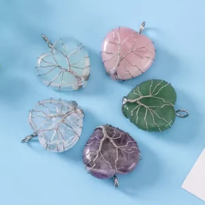 Wholesale Natural Crystal Amethyst Heart Pendant Wire Wrap Tree of Life Gemstone Rose Quartz love Heart Jewelry Chain Necklace