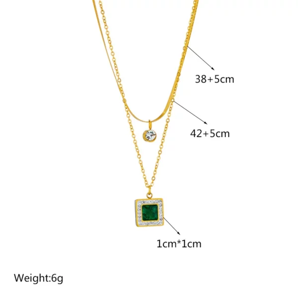 Retro Fashion Diamond-Encrusted Emerald Square Pendant Necklace Chain Bracelet Jewelry Suit Gold Stainless Steel Gift Party