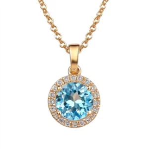 SGARIT Wholesale Jewelry 14K Yellow Gold Pendant Necklace 9mm Round Natural Sky Blue Topaz Gemstone Chain Necklace