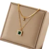 Retro Fashion Diamond-Encrusted Emerald Square Pendant Necklace Chain Bracelet Jewelry Suit Gold Stainless Steel Gift Party – Image 6