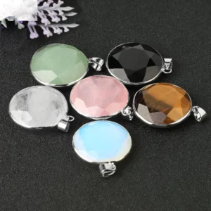 Natural Gemstone Circular Pendant Necklace Faceted Crystal Charms Women/Men Tiger Eye Rose Quartz Obsidian Pearl Chain Jewelry