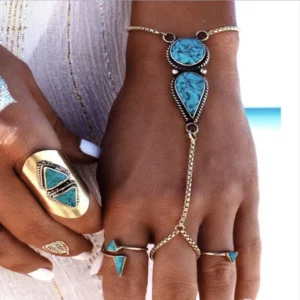 Ring Bracelet Hand Chain Anklet Turquoise Slave Stone Finger Ringdainty Silver Vintage Flower for Women and Girls Zinc Alloy 8MM