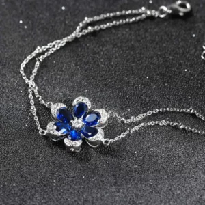 LZB03 RINNTIN 925 Sterling Silver Adjustable Layered Chains Created Sapphire Flower Bracelets for Women