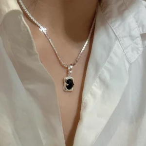 S925 Sterling Silver Korean Niche Design Black Onyx Pendant Fashion Finger Ring Collarbone Chain