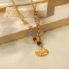 New Stainless Steel 18K Gold Half Color Bead Chain Half Figaro Chain Natural Opal Stone Sun Pendant Necklace – Image 4