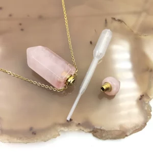 Quality Design Genuine Pendant Gem Diffuser Perfume Bottle Crystal Healing Point Rose Quartz 26'' Adjustable Pendant Necklace