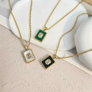 New Stainless Steel Fried Dough Twist Chain Pendant Necklace Square White Zircon Malachite Pendant Necklace