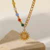 New Stainless Steel 18K Gold Half Color Bead Chain Half Figaro Chain Natural Opal Stone Sun Pendant Necklace – Image 5
