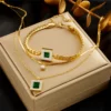 Retro Fashion Diamond-Encrusted Emerald Square Pendant Necklace Chain Bracelet Jewelry Suit Gold Stainless Steel Gift Party – Image 3