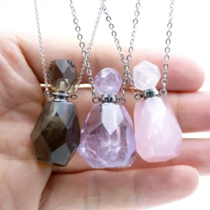 Creative Perfume Bottle Shape Yellow Citrines Smokey Amethysta Rose Crystal Stone Pendant Silver Chain Quartz Necklace