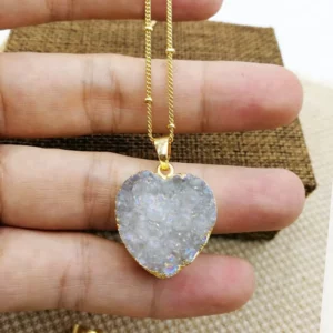 Wholesale High Quality Trendy Natural Druzy Opal Heart Necklace Romantic 18 Inch Chain Fine White Drusy Crystal Love Necklaces