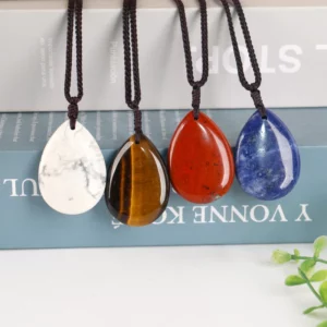 Natural Stone Tear Drop Pendant Amethyst Rose Quartz Water Drop Shape Pendant Stainless Steel Chain Necklace
