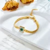 Retro Fashion Diamond-Encrusted Emerald Square Pendant Necklace Chain Bracelet Jewelry Suit Gold Stainless Steel Gift Party – Image 5