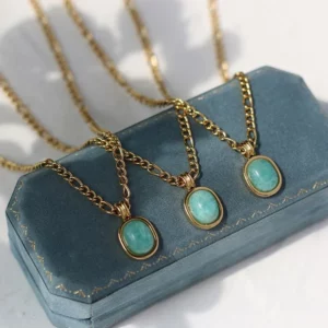 Trendy Jewelry 18k Gold Plated Stainless Steel Figaro Chain Necklaces Natural Amazonite Gem Stone Pendant Necklace