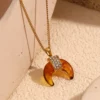 Vintage Stainless Steel 18k Gold Plated Waterproof Resin Amber Horn Zircon Pendant Side Chain Necklace YF3914 – Image 4