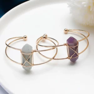 New Arrival Handmade Wire Wrap Gemstone Bangle Natural Amethyst Hexagon Quartz Hexagonal Crystal Gold Bracelet for Women Jewelry