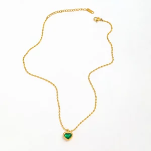 Joolim Jewelry 18K Gold Plated  Stainless Steel Heart Green Agate Pendant Grain Shape Chain Necklaces Trendy Women's Necklaces
