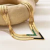 18K Gold Plated Stainless Steel Flat Snake Chain Necklace Black Green Malachite Shell V Shaped Necklace YF3087 – Image 3