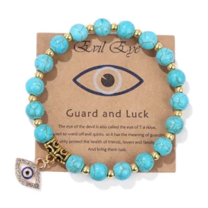 Round Beaded Elastic Bracelets 8mm Turquoise Gemstone Beads Bracelets With Cool Eye Pendant for Unisex Stretch Bracelets Jewelry