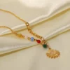 New Stainless Steel 18K Gold Half Color Bead Chain Half Figaro Chain Natural Opal Stone Sun Pendant Necklace – Image 3