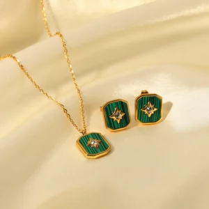 New Fashion Green Malachite Set Octagonal Zircon Inlaid Stud Earrings Series Stainless Steel Earrings Necklace
