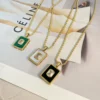 New Stainless Steel Fried Dough Twist Chain Pendant Necklace Square White Zircon Malachite Pendant Necklace – Image 3