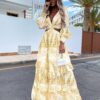 Elegant Women's Hollow Floor V-neck Long-sleeved Plant Dress Long Dresses Spring Summer Print V-neck Long Sleeve Dress – Image 4