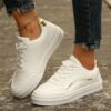Lace-up White Flats Shoes Fashion Round Toe Slip-on Thick Sole Casual Shoes For Women – Image 4