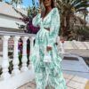 Elegant Women's Hollow Floor V-neck Long-sleeved Plant Dress Long Dresses Spring Summer Print V-neck Long Sleeve Dress – Image 5