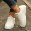 Lace-up White Flats Shoes Fashion Round Toe Slip-on Thick Sole Casual Shoes For Women – Image 3