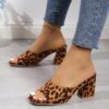 Leopard Square Toe Sandals Summer High-heeled Slippers Chunky Heel Shoes For Women – Image 4